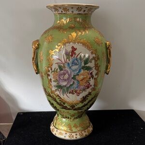Rare Elegant Vintage Lannor Hand painted Green and Gold Floral Vase
